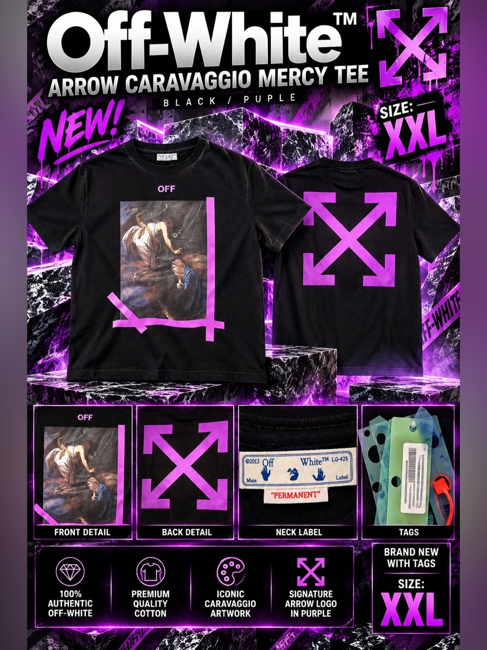 Off-White Arrow Caravaggio Mercy Tee in black, purple🔥New! Size: XXL